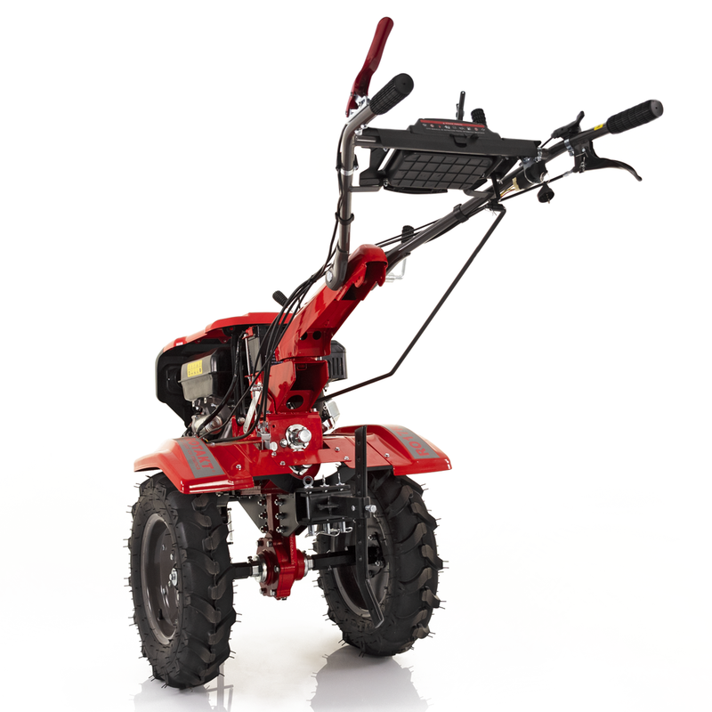 Motocultor Rotakt Goliath RO17RE-2P motor 17CP benzina 2+1 viteze latime lucru 56-135 cm freze roti cauciuc 5.00-12" pornire electrica 2 prize de putere roti metal plug arat rarita reglabila 5l ulei