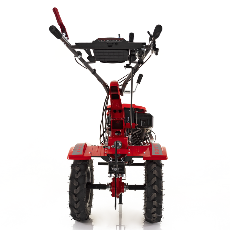 Motocultor Rotakt Goliath RO17RE-2P motor 17CP benzina 2+1 viteze latime lucru 56-135 cm freze roti cauciuc 5.00-12" pornire electrica 2 prize de putere roti metal plug arat rarita reglabila 5l ulei