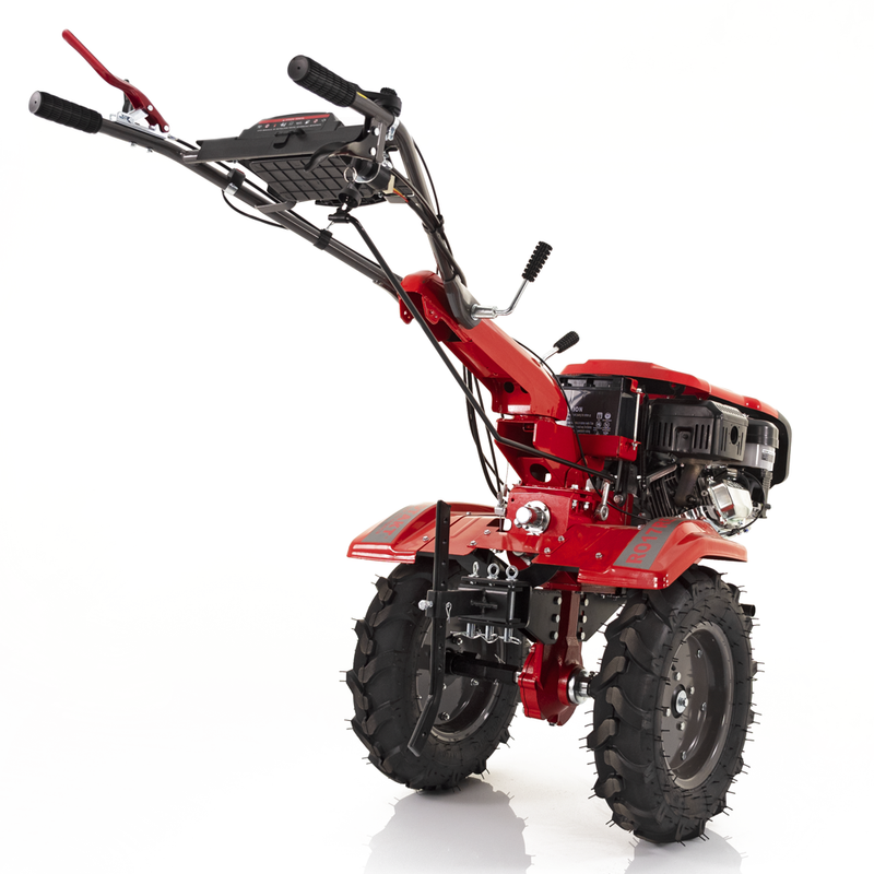 Motocultor Rotakt Goliath RO17RE-2P motor 17CP benzina 2+1 viteze latime lucru 56-135 cm freze roti cauciuc 5.00-12" pornire electrica 2 prize de putere roti metal plug arat rarita reglabila 5l ulei