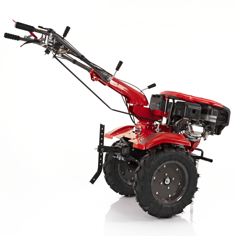 Motocultor Rotakt Goliath RO17RE-2P motor 17CP benzina 2+1 viteze latime lucru 56-135 cm freze roti cauciuc 5.00-12" pornire electrica 2 prize de putere roti metal plug arat rarita reglabila plug cartofi 5l ulei