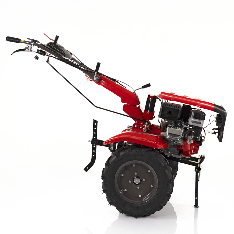 Motocultor Rotakt Goliath RO17RE-2P motor 17CP benzina 2+1 viteze latime lucru 56-135 cm freze roti cauciuc 5.00-12" pornire electrica 2 prize de putere roti metal plug arat rarita reglabila 5l ulei
