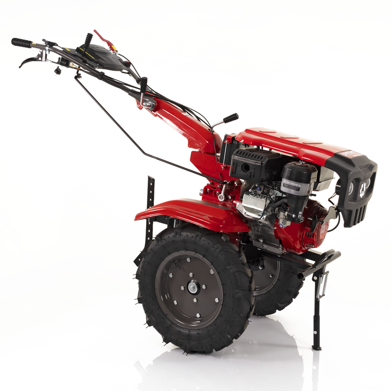 Motocultor Rotakt Goliath RO17RE-2P motor 17CP benzina 2+1 viteze latime lucru 56-135 cm freze roti cauciuc 5.00-12" pornire electrica 2 prize de putere roti metal plug arat rarita reglabila plug cartofi 5l ulei