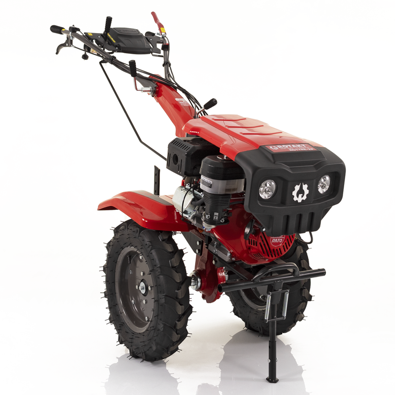 Motocultor Rotakt Goliath RO17RE-2P motor 17CP benzina 2+1 viteze latime lucru 56-135 cm freze roti cauciuc 5.00-12" pornire electrica 2 prize de putere roti metal plug arat rarita reglabila 5l ulei