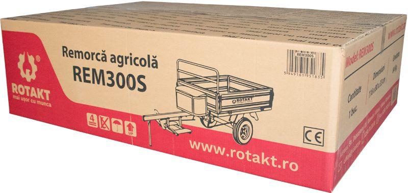 Remorca motocultor Rotakt Dragon REM300S capacitate incarcare 300 kg roti 4.00-8 cuva 110x74x33 cm cutie scule frana mecanica