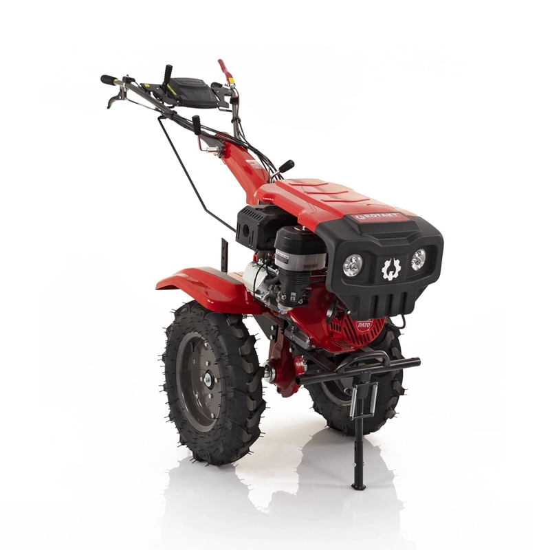 Motocultor Rotakt Partizan RO15R 2-PTO motor 15CP benzina 2+1 viteze latime lucru 56-135 cm freze roti cauciuc 5.00-12&quot; capota far led + Remorca Rotakt Transporter REM600 4x4 capacitate incarcare 600 kg