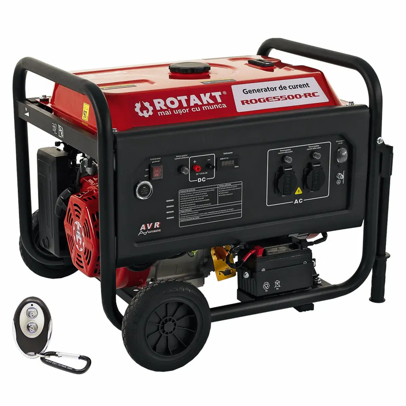 Generator curent Rotakt ROGE 5500RC cu telecomanda putere 13CP benzina AVR voltmetru roti transport rezervor 25 L consum 3,57L/ora