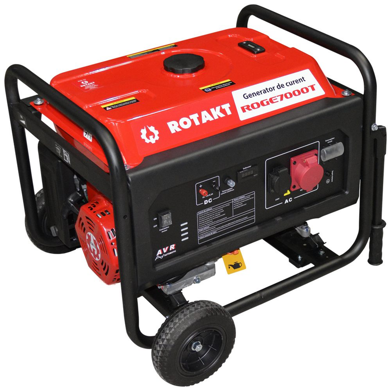 Generator curent trifazat Rotakt ROGE7000T putere 15CP benzina pornire manuala AVR voltmetru iesire 12 V consum 3,12 L/ora
