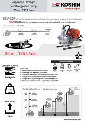 Motopompa apa curata KOSHIN SEV-25F-BAB motor Koshin KC35 motor 1,1 CP diametru 25 mm debit maxim 8,1 mc/h inaltime refulare 35 m adancime aspiratie 8 m