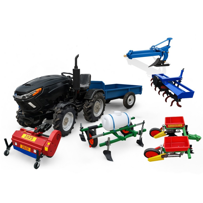 Tractor Heimdall PTHM-22-20 motor 22 CP diesel + Remorca 1500 kg + Plug + Freza + Semanatoare de porumb cu fertilizare + Dispozitiv intindere folie si pulverizare + Tocator iarba / vegetatie