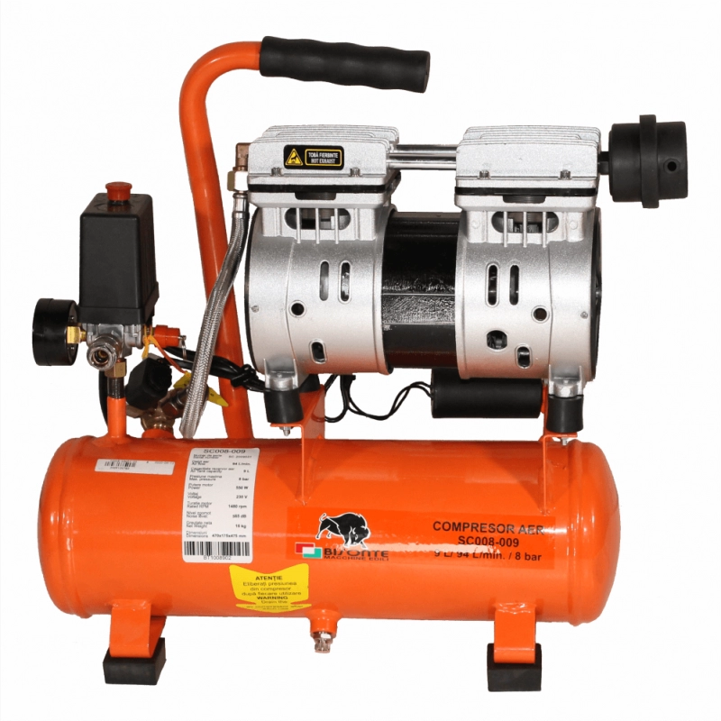 Compresor de aer cu piston BISONTE SC008-009 fara ulei debit 94 l/min presiune 8 bar 230V motor 0.8 CP