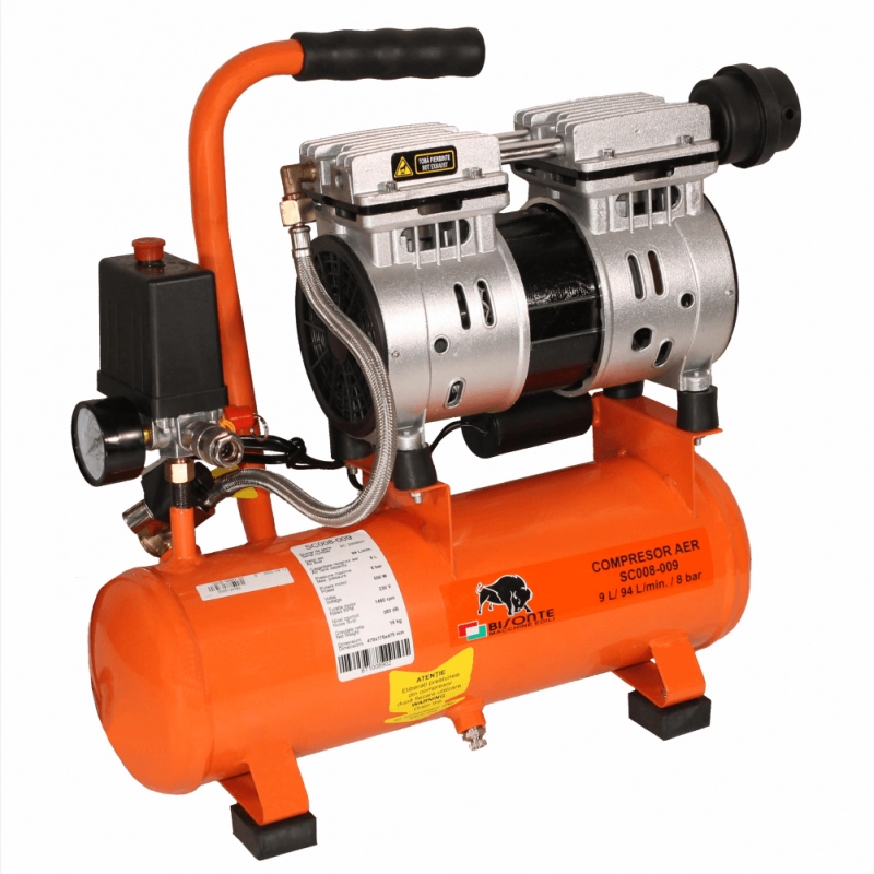 Compresor de aer cu piston BISONTE SC008-009 fara ulei debit 94 l/min presiune 8 bar 230V motor 0.8 CP