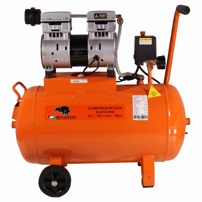 Compresor de aer cu piston BISONTE SC012-50 fara ulei debit 168 l/min presiune 8 bar 230V motor 1,2 CP