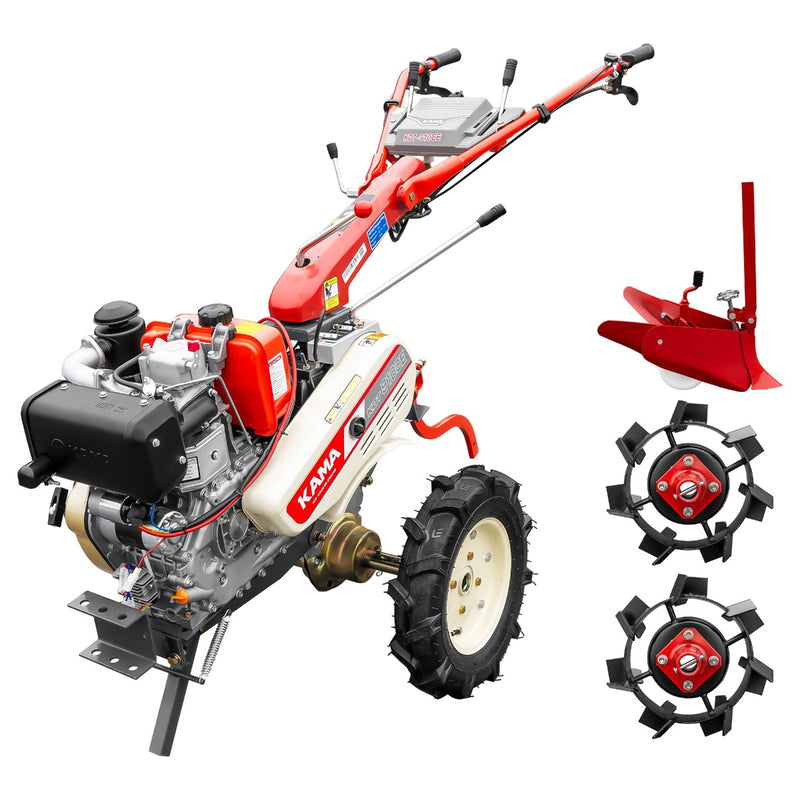 Motocultor Kama KDT 910CE diferential pornire electrica motor 9 CP Diesel 3+1 viteze roti cauciuc 4.00x10" + Plug bilonat + Set roti metalice mici 400x8