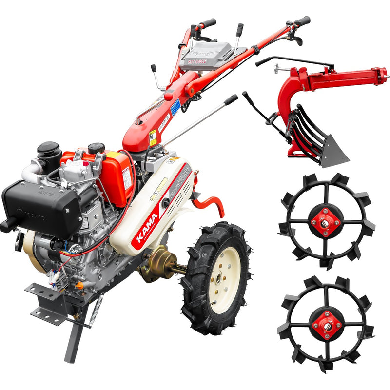 Motocultor Kama KDT 910CE diferential pornire electrica motor 9 CP Diesel 3+1 viteze roti cauciuc 4.00x10" + Plug reversibil + Set roti metalice mari 500x12