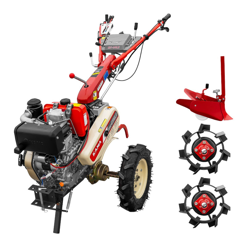 Motocultor Kama KDT 910LE diferential pornire electrica motor 9 CP Diesel 6+2 viteze roti cauciuc 4.00x10" + Plug bilonat + Set roti metalice mici 400x8