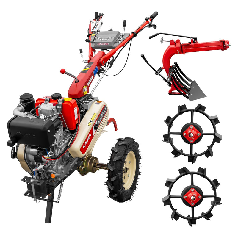 Motocultor Kama KDT 910LE diferential pornire electrica motor 9 CP Diesel 6+2 viteze roti cauciuc 4.00x10" + Plug reversibil + Set roti metalice mari 500x12