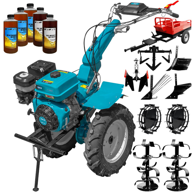 Motocultor profesional DKD HS 1100D motor 16 CP latime lucru 90-120 cm freze roti cauciuc roti metal plug arat rarita reglabila plug cartofi cultivator plug reversibil remorca 5l ulei
