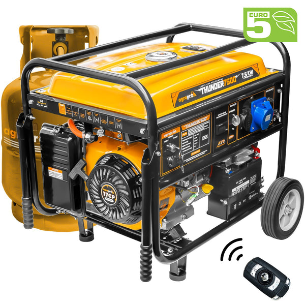 Generator 7.5 kW AgroPro THUNDER 7500 benzina GPL pornire electrica telecomanda rezervor 25 L monofazat Euro 5 sistem transport cu roti si manere permite automatizare ATS