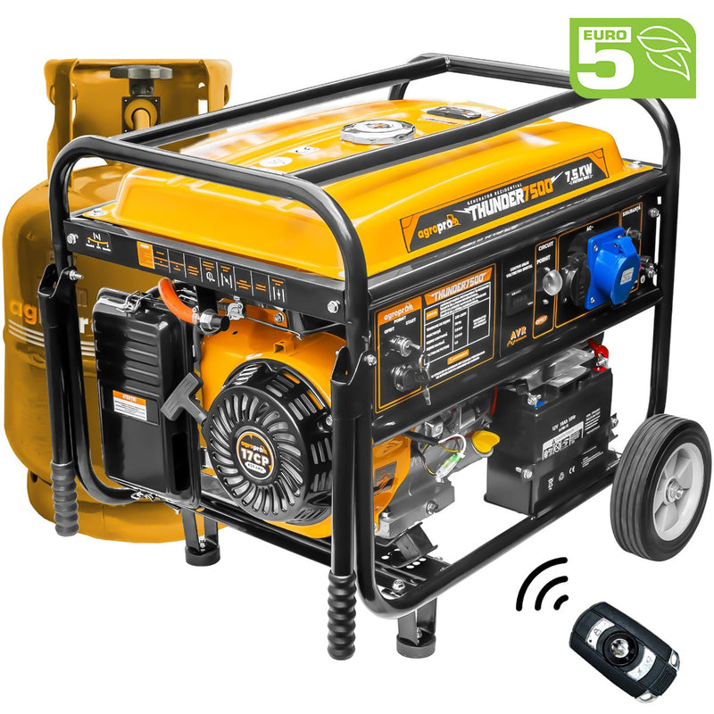 Generator 7.5 kW AgroPro THUNDER 7500 benzina GPL pornire electrica telecomanda rezervor 25 L monofazat Euro 5 sistem transport cu roti si manere permite automatizare ATS