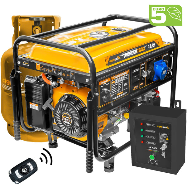 Generator 7.5 kW cu automatizare ATS AgroPro THUNDER 7500 benzina GPL pornire electrica telecomanda rezervor 25 L monofazat Euro 5 sistem transport cu roti si manere