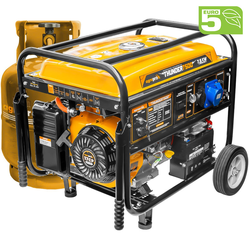 Generator 7.5 kW cu automatizare ATS AgroPro THUNDER 7500 benzina GPL pornire electrica telecomanda rezervor 25 L monofazat Euro 5 sistem transport cu roti si manere