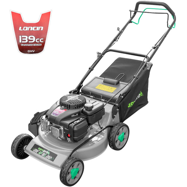 Masina de tuns gazon AgroPro AP 18S motor Loncin 4 CP 139 cc autopropulsie reglare centralizata 8 trepte latime taiere 46 cm cos 60 l 3 in 1 functii mulcire colectare descarcare laterala