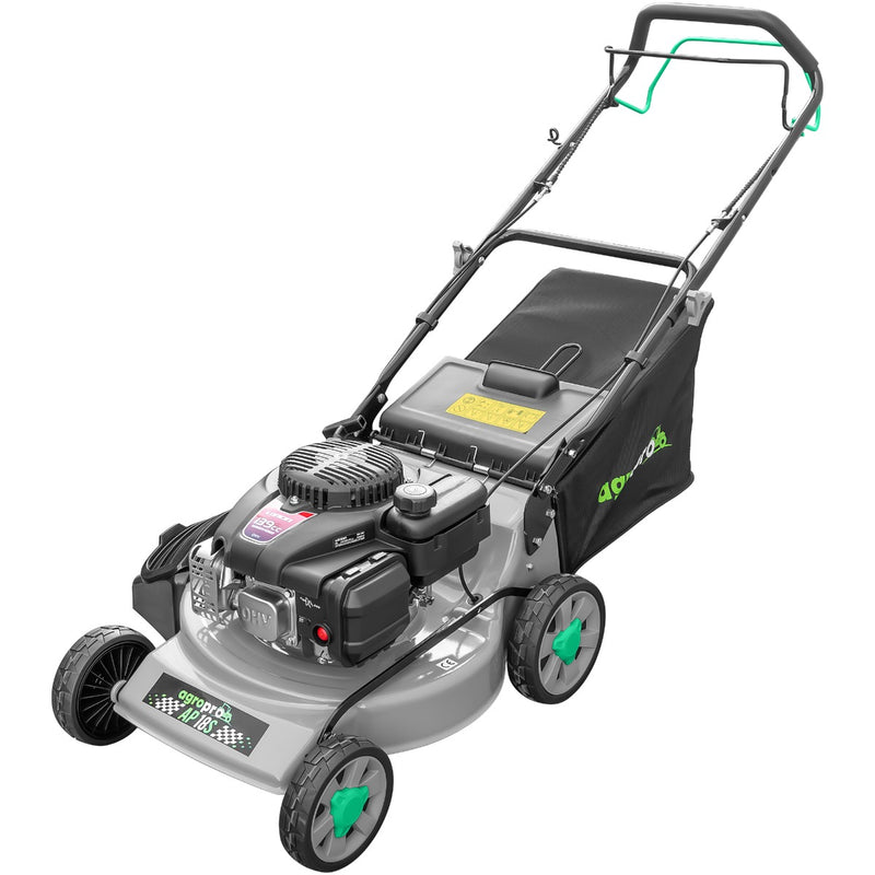 Masina de tuns gazon AgroPro AP 18S motor Loncin 4 CP 139 cc autopropulsie reglare centralizata 8 trepte latime taiere 46 cm cos 60 l 3 in 1 functii mulcire colectare descarcare laterala