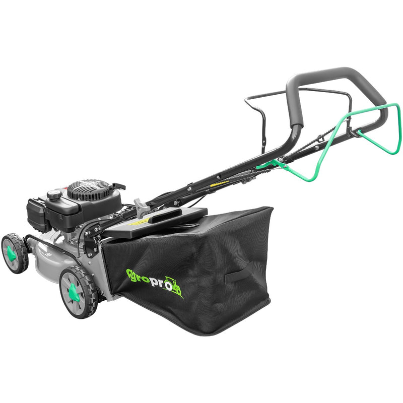 Masina de tuns gazon AgroPro AP 18S motor Loncin 4 CP 139 cc autopropulsie reglare centralizata 8 trepte latime taiere 46 cm cos 60 l 3 in 1 functii mulcire colectare descarcare laterala
