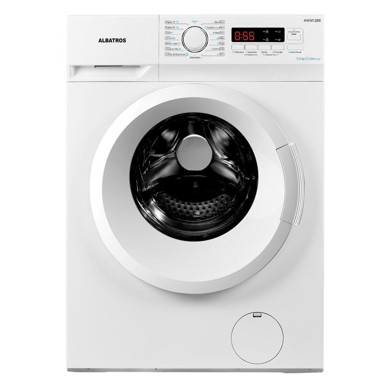 Masina de spalat rufe slim Albatros AWM1265 6 kg 1000 rpm clasa E adancime 40 cm afisaj electronic termostat reglabil auto-echilibrare tambur curatare tambur pornire intarziata alb