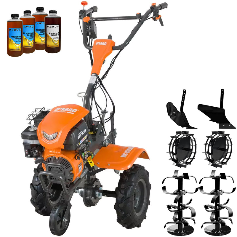 Motocultor O'MAC MC 8000S motor 8 CP benzina 2+1 viteze latime lucru 107 cm freze roti cauciuc 4.00-8 roata frontala roti metal plug arat rarita reglabila 4l ulei