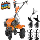 Motocultor O'MAC MC 8000S motor 8 CP benzina 2+1 viteze latime lucru 107 cm freze roti cauciuc 4.00-8 roata frontala roti metal plug arat rarita reglabila plug cartofi 4l ulei