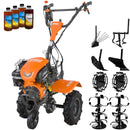 Motocultor O'MAC MC 8000S motor 8 CP benzina 2+1 viteze latime lucru 107 cm freze roti cauciuc 4.00-8 roata frontala roti metal plug arat rarita reglabila plug cartofi cultivator 4l ulei