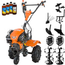 Motocultor O'MAC MC 8000S motor 8 CP benzina 2+1 viteze latime lucru 107 cm freze roti cauciuc 4.00-8 roata frontala roti metal plug arat rarita reglabila plug cartofi cultivator plug reversibil 4l ulei
