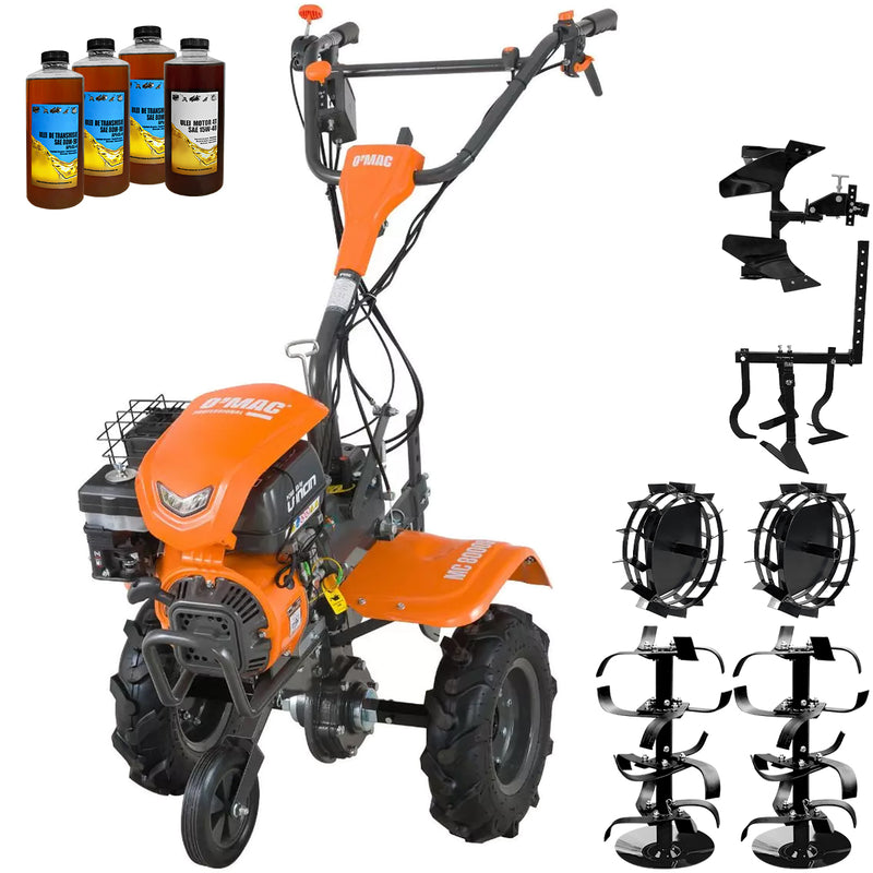 Motocultor O'MAC MC 8000S motor 8 CP benzina 2+1 viteze latime lucru 107 cm freze roti cauciuc 4.00-8 roata frontala roti metal cultivator plug reversibil 4l ulei