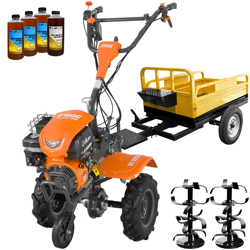 Motocultor O'MAC MC 8000S motor 8 CP benzina 2+1 viteze latime lucru 107 cm freze roti cauciuc 4.00-8 roata frontala remorca 4l ulei