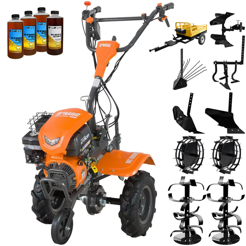 Motocultor O'MAC MC 8000S motor 8 CP benzina 2+1 viteze latime lucru 107 cm freze roti cauciuc 4.00-8 roata frontala roti metal plug arat rarita reglabila plug cartofi cultivator plug reversibil remorca 4l ulei