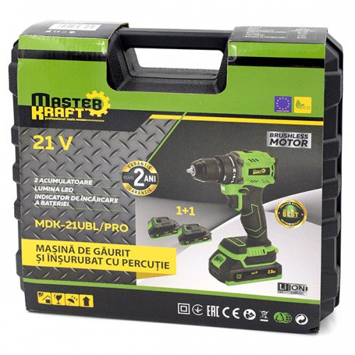 Masina de gaurit si insurubat cu percutie cu acumulator 21V Master Kraft MDK-21UBL (Brushless)