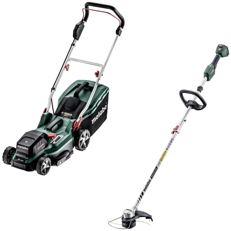 Pachet Masina de gazon METABO RM36-18 LTX BL36 cu 2 acumulatori LiPower 18V 5.2 Ah si 2 incarcatoare ASC55 Air Cooled + Trimmer METABO RTD 18 LTX BL30