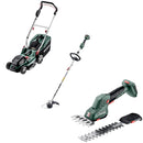 Pachet Masina de gazon METABO RM36-18 LTX BL36 cu 2 acumulatori LiPower 18V 5.2 Ah si 2 incarcatoare ASC55 Air Cooled + Trimmer METABO RTD 18 LTX BL30 + Foarfeca pentru iarba si arbusti METABO SGS18 LTX Q