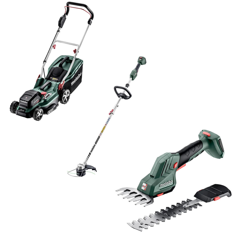 Pachet Masina de gazon METABO RM36-18 LTX BL36 cu 2 acumulatori LiPower 18V 5.2 Ah si 2 incarcatoare ASC55 Air Cooled + Trimmer METABO RTD 18 LTX BL30 + Foarfeca pentru iarba si arbusti METABO SGS18 LTX Q