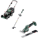 Pachet Masina de gazon METABO RM36-18 LTX BL46 cu 2 acumulatori LiPower 18V 5.2 Ah si 1 incarcator DUO ASC145 Air Cooled + Trimmer METABO RTD 18 LTX BL30 + Foarfeca pentru iarba si arbusti METABO SGS18 LTX Q