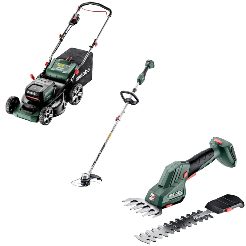 Pachet Masina de gazon METABO RM36-18 LTX BL46 cu 2 acumulatori LiPower 18V 5.2 Ah si 1 incarcator DUO ASC145 Air Cooled + Trimmer METABO RTD 18 LTX BL30 + Foarfeca pentru iarba si arbusti METABO SGS18 LTX Q