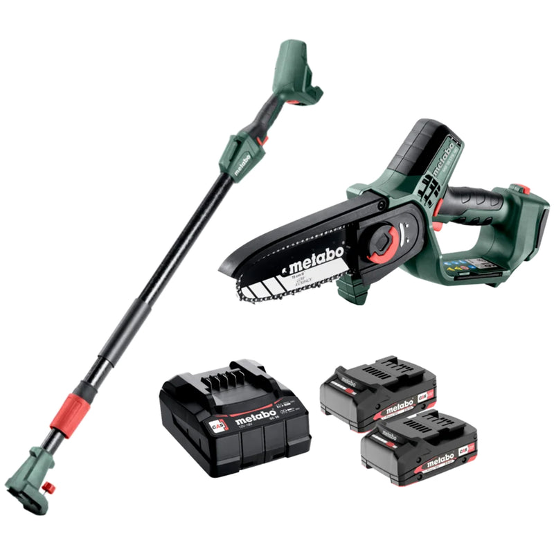 Pachet Fierastrau pentru crengi METABO MS18LTX15 + Set 2 acumulatori 18V Lipower 2.0Ah si incarcator SC36 + Brat telescopic pt MS18LTX15