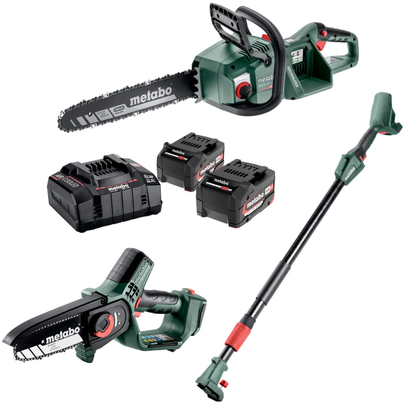 Pachet Fierastrau cu acumulatori METABO MS36-18 LTX BL40 + Fierastrau pentru crengi METABO MS18LTX15 + Set 2 acumulatori 18V Lipower 5.2Ah si incarcator ASC145 + Brat telescopic pt MS18LTX15