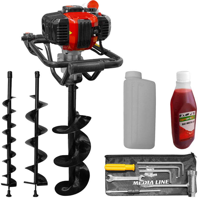 Foreza pamant Media Line MF52-3 motor 2.1 CP burghiu 100/150/200 mm recipient amestec set scule 0.5l ulei amestec AgroPro