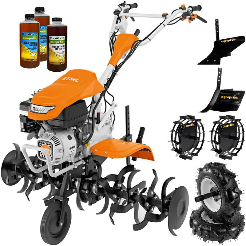 Motosapa STIHL MH 700 motor 7 CP benzina 2+1 viteze latime lucru 98-121 cm freze roti cauciuc 4.00x8" roti metal rarita reglabila 4l ulei