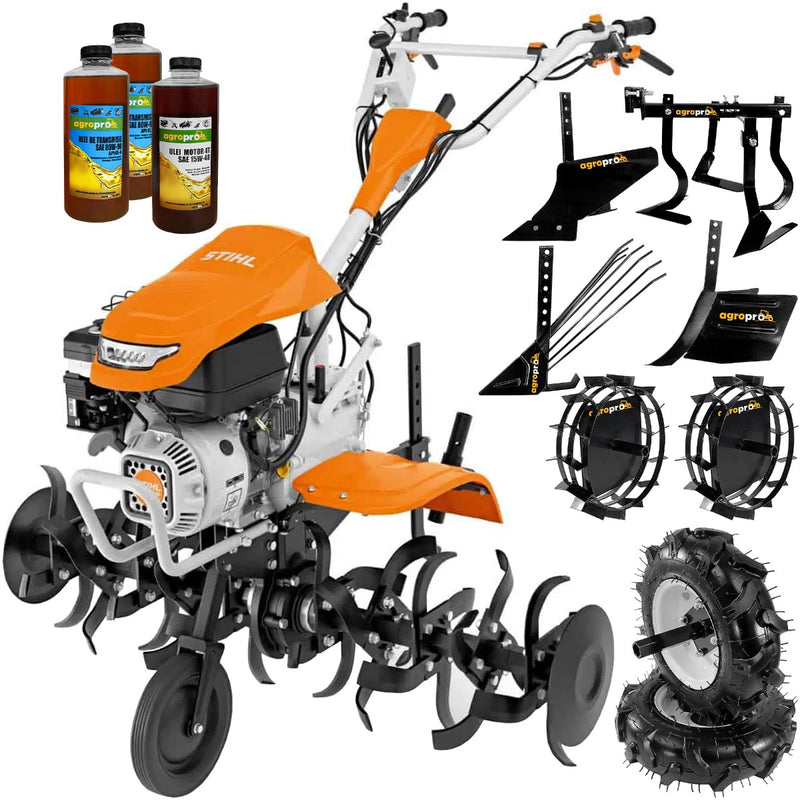 Motosapa STIHL MH 700 motor 7 CP benzina 2+1 viteze latime lucru 98-121 cm freze roti cauciuc 4.00x8" roti metal rarita reglabila plug cartofi cultivator 4l ulei