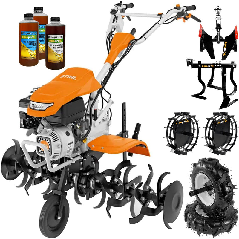 Motosapa STIHL MH 700 motor 7 CP benzina 2+1 viteze latime lucru 98-121 cm freze roti cauciuc 4.00x8" roti metal cultivator plug reversibil 4l ulei