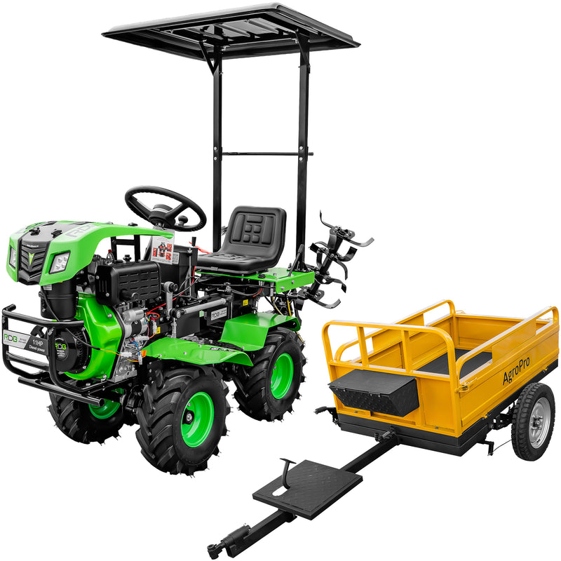 Minitractor RDB BD192E hidraulic 4x4 motor 11CP diesel 3+1 viteze latime lucru 135 cm 4 freze roti 19x7.00-8" semicabina remorca