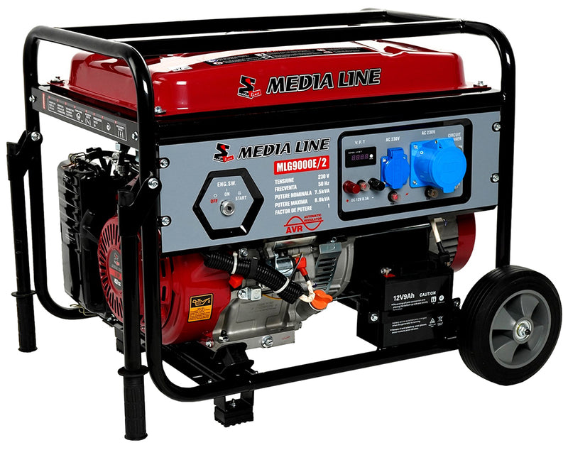 Generator curent Media Line MLG 9000E/2 putere maxima 8 KVA monofazat 230V rezervor 25 L AVR pornire electrica roti transport